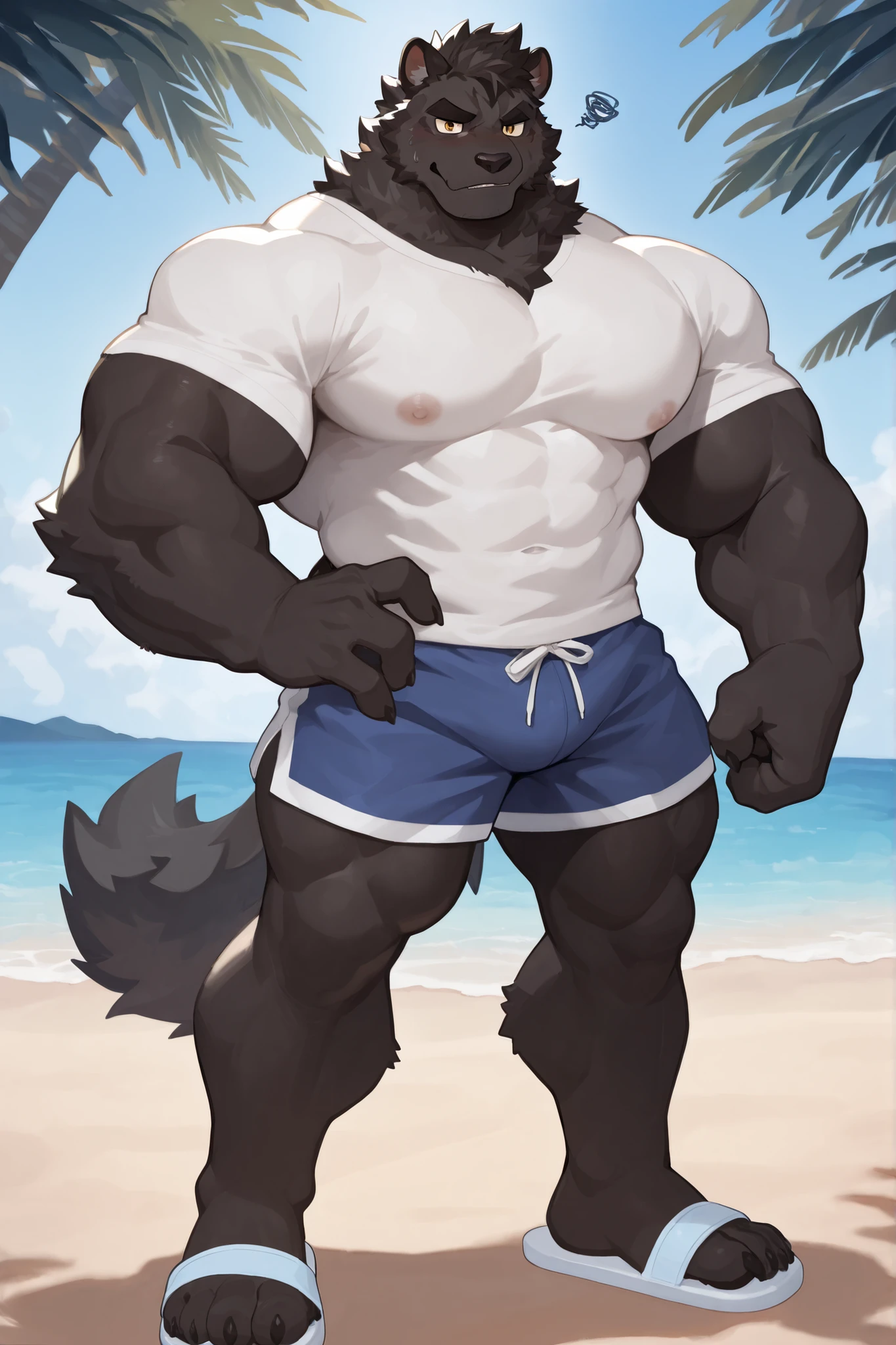 solo, male, werewolf, wolf, canine, chubby, musclegut, broad, sturdy, round belly, belly, swollen, mature male, dadbod, facial hair, beard, embarrassed, chest fur, stomach fur, hands on belly, looking down at belly, grey fur, blue eyes, body hair, half-body, looking at down at self, boxers, tight boxers, furry chest, furry belly, big bulge, white background, by mystikfox61, by darkgem, by glitter trap boy, by bebebebebe, by doooo2424, by null-ghost