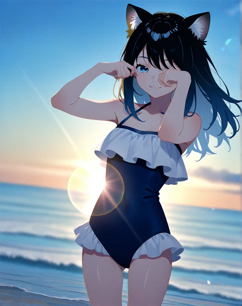 1girl, solo,p long hair, from behind, multicolored hair, black hair, sidelocks, blue hair, wavy hair, swimsuit, black bikini, frilled bikini, medium small breasts, woman, standing, spread arms, open hands, happy, from behind, beach, ocean, dusk, sunlight, looking away, masterpiece, score_9, score_8_up, score_7_up