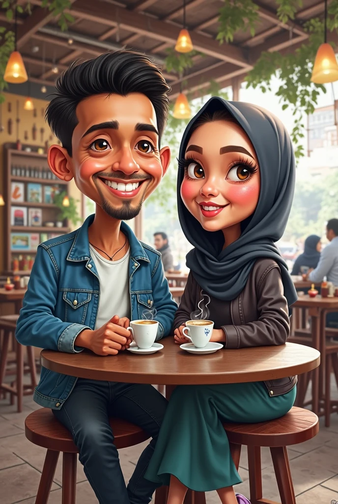 Wide view,created a beautiful woman hijab ((headscarf behind neck)) with a fat body, glasses,medium breasts, Malay face. Standing with next to malay man 28 yearvery little short, thin, and neat beard and mustache. Woman and Man Facing to camera, her was a restaurant waiter who delivered a cup of warm coffee, The cup making word Gold inscription "payid", the background is village cafe. the image is very detailed, super HD