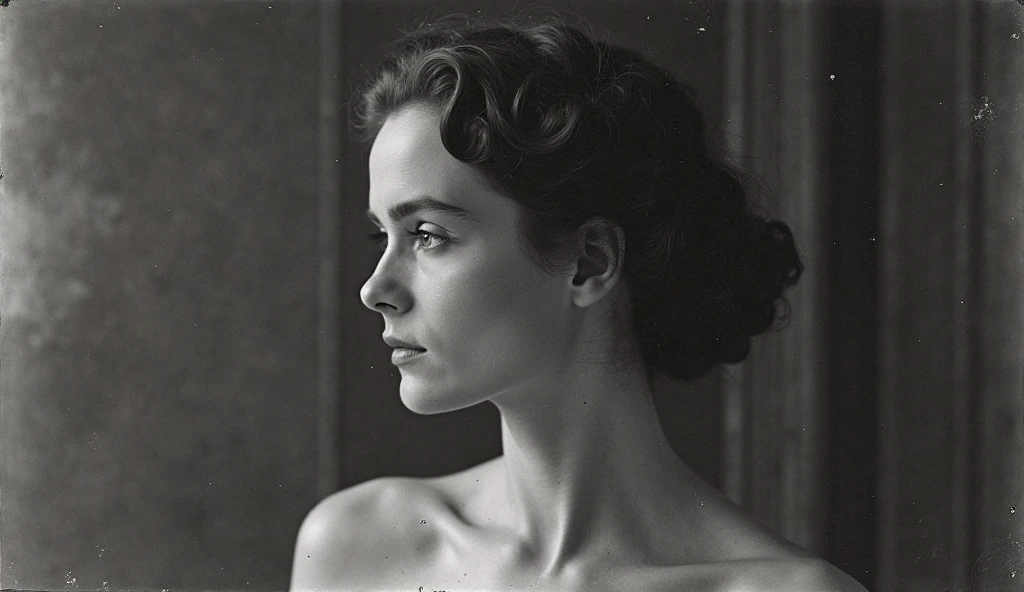 Nude eighteen-year-old Molly Ringwald, seen from behind, with messy/shaggy razored/layered haircut with sideswept bangs, laboratory setting, extremely realistic, extremely detailed, extreme realism, extreme detail, extremely accurate resemblance, specimen of humanity, test subject, black and white, directed by Leni Riefenstahl, volunteer, beautiful, post-transformation, experiment