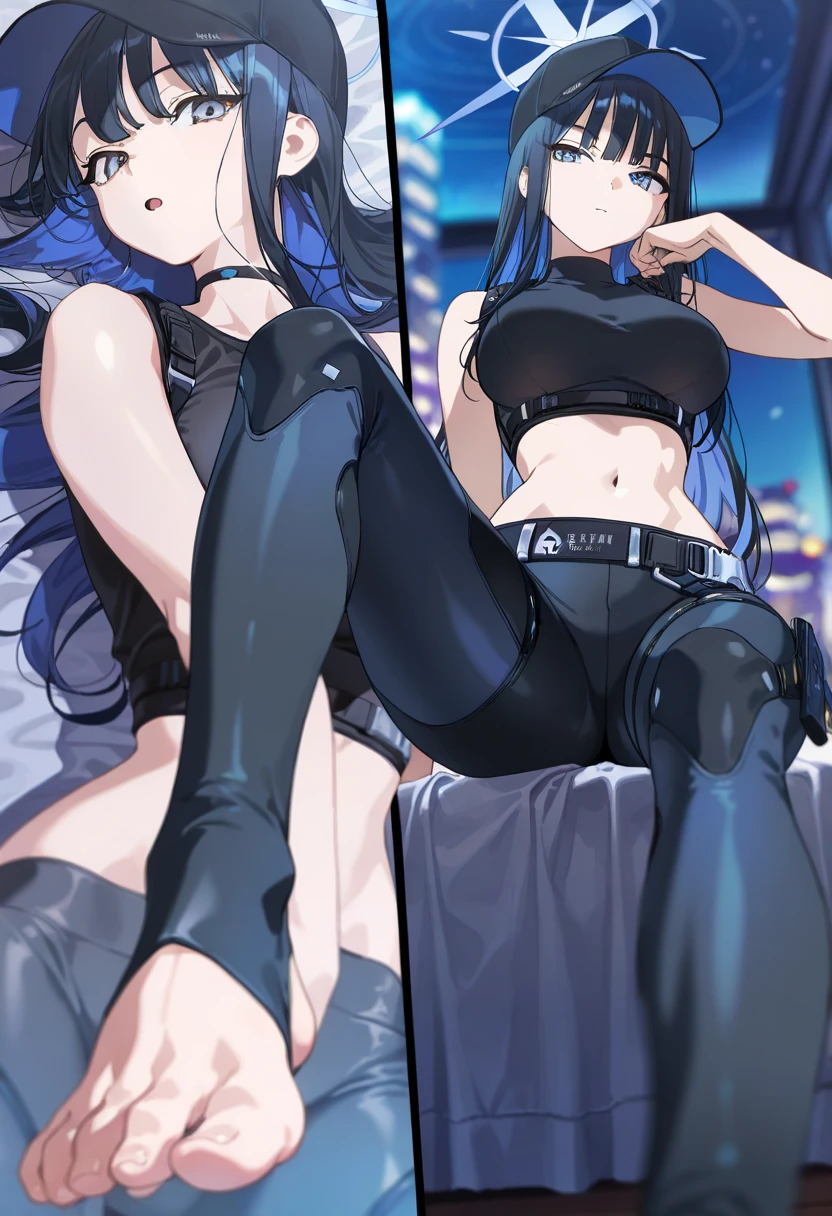 From behind, looking at viewert, full body, Wide shot, Masterpiece, Best quality, A high resolution, 1girll, Solo, Dark blue hair, Pink eyes, Long hair, (White cut top: 1.2), Medium breasts, Thin, Narrow waist, choker necklace, Blunt bangs, Curved, standing, Short shorts, Lacquered gold leather boots, Hiherz,