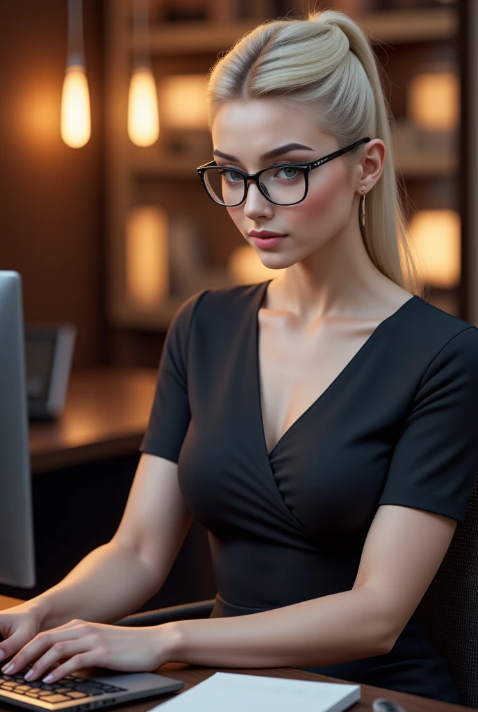 Front bodyshot of 25yo European woman, pointing at camera, blonde hair, serious, (amazing skin detail: 1.4), (natural skin: 1.2), (pores: 0.6), makeup, (detailed eyes: 1.2), at the office, wearing glasses, short skirt, sitiing on chair,  studio, light border, dark atmosphere, (bokeh: 1.2), photography, cinematic, photorealistic, ultrarealistic, fit girl, skintight dress, perfect figure, perfect anatomy