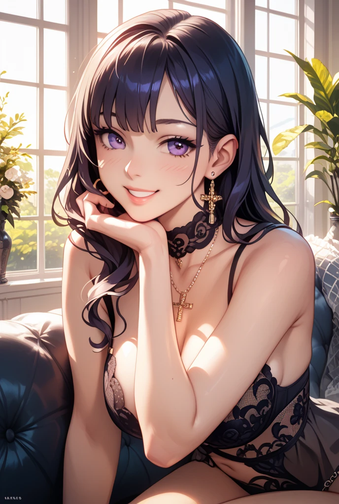 Shy and seductive look　Sexy Body　Clear Eyes　Round eyes　Sit in a luxurious chair　office lady　Japanese women　Manga illustration　Beautiful and firm breasts　Beautiful E Cup Breasts　the body is slim　Highest quality　4K Chignon Hairstyle　Hair tied up　Medium Long Hair　Reddish black hair　hair ornaments　Fancy Necklace　Hotel with a great night view　Simple Background　Seductive pose　garter belt　Black Stockings　Earrings　　Fancy Necklace　Fine details　Beautiful anime illustrations　Beautiful Face　alone　High resolution, One Girl, Highest quality, Attention to detail, Slightly parted lips　Seductive red lips　Professional, Vibrant colors, Perfect ???????, ideal facial features, 理想的なProfessionalポーションの図, Perfectly beautiful body, Highly detailed skin, Glowing Skin, Glowing Skin, Cleavage, Captivating smile)),Obscene see-through black and purple lace bra,Sexy black and purple lace thong, (Attractive 35 year old Japanese widow,）High heels　Miss Soapland　Full body image　Expressions to invite men　Reaching out to her thong to take it off　Stick your ass out　Turning around