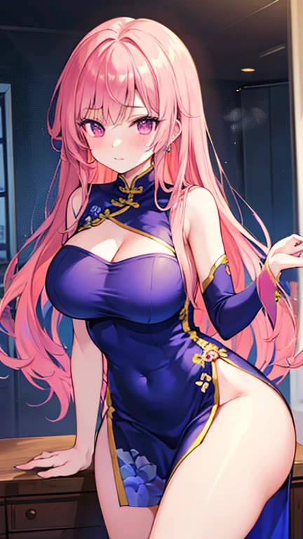 1 girl, game CG, topless black cheongsam, cleavage visible, short cheongsam, gigantic breasts, pink hair, long hair, straight hair, ahoge, pink eyes, smiling, sitting, indoors, dynamic,