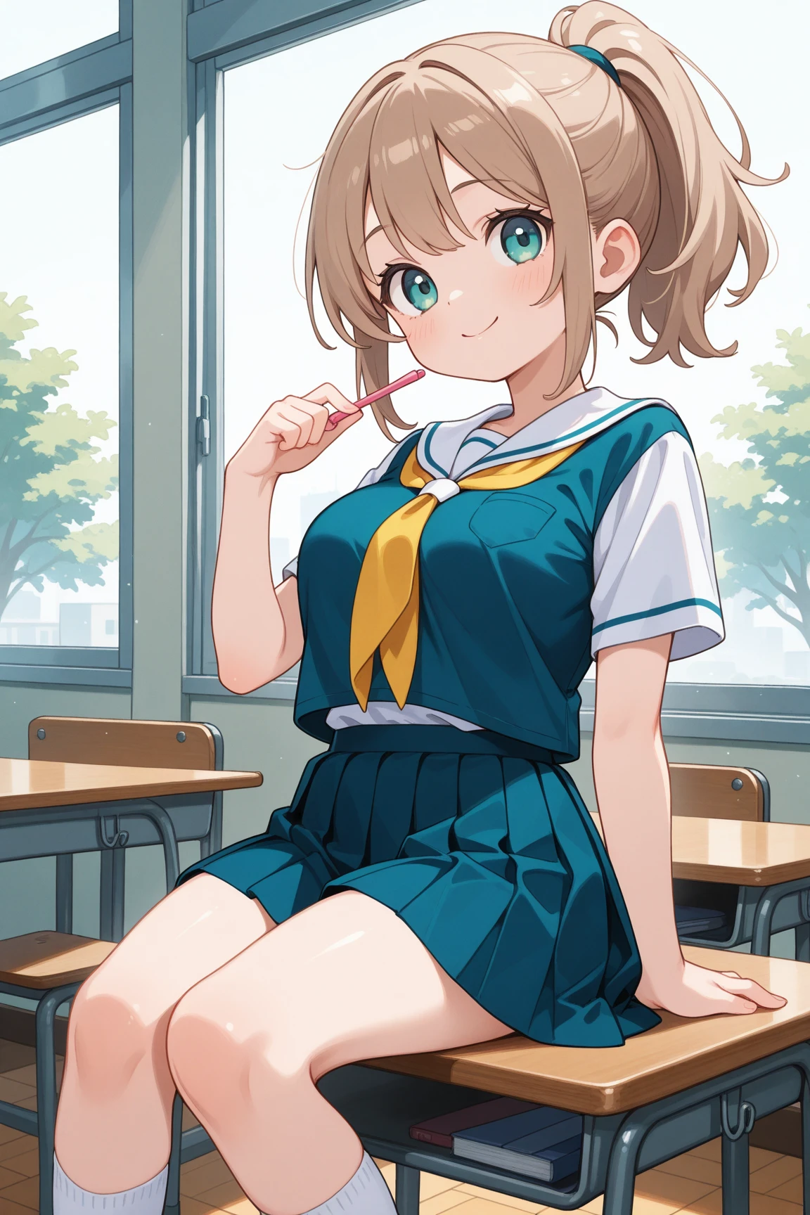masterpiece,best quality, 1girl, school uniform, sitting on chair, cross leg, class room,show feetï¼Sole of foot