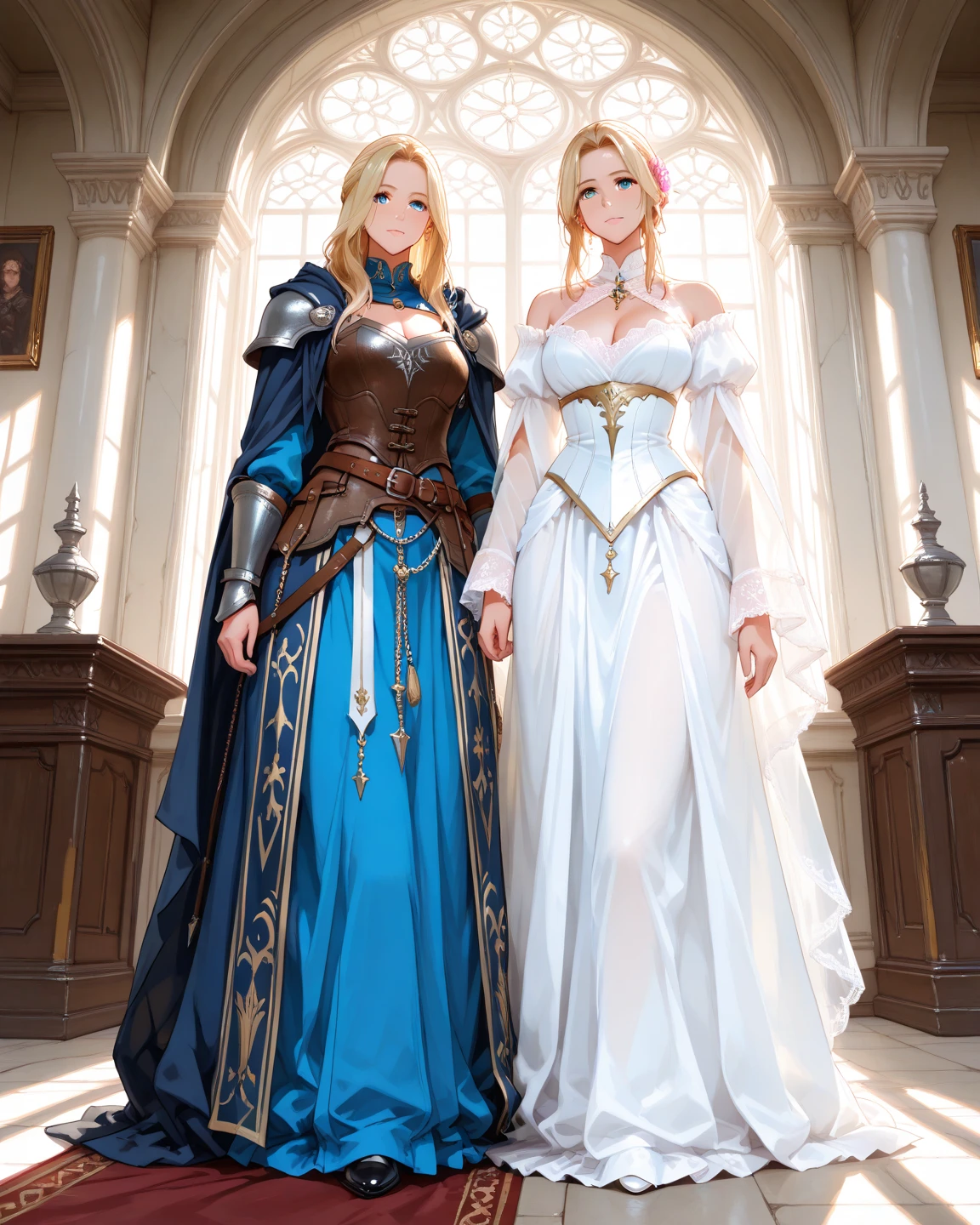 main character is the noble young princess in bride wedding lace dress and stockings sitting on throne, multiple sexy girls warriors armed with weapones standing wearing dresses and stockings and long leather boots in the background, full body shot, show full body from head to toes, only females on the picture, inside palace background, white and even teeth, makeup, lipstick, slim body