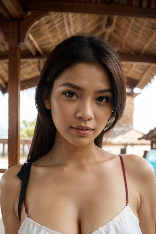 ((best quality)), (detailed), perfect face, Eurasian American, Name: Jasmine Aoki, in close up wearing a red bikini top and staring off into the distance like a model