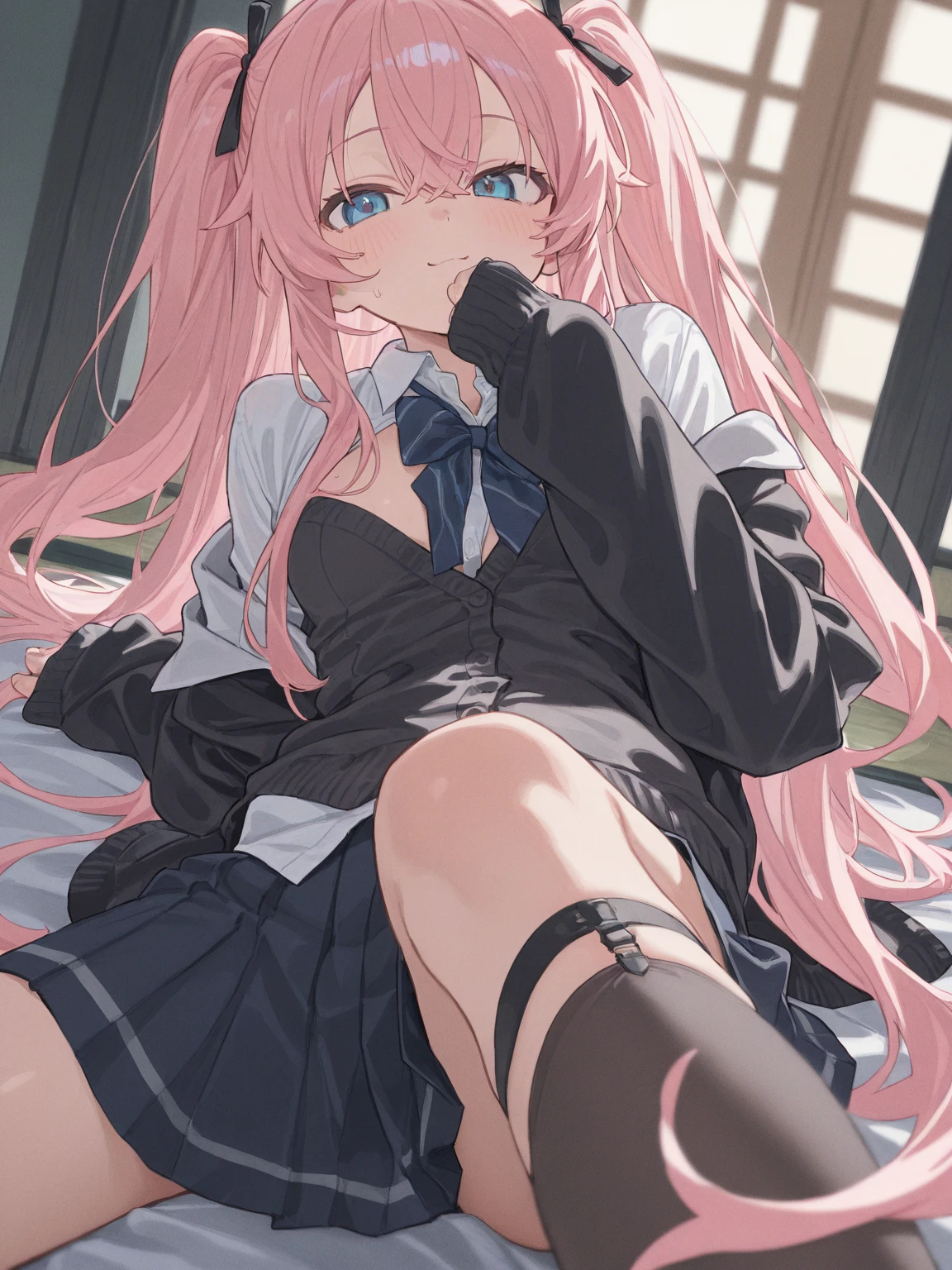 Ponytail hanging down to the chest，whole body，pink hair，Cat ear，17 year old girl，black pantyhose，White eyes，teenage girl，black school uniform，black leather shoes，NSFW、model、being photographed by a camera