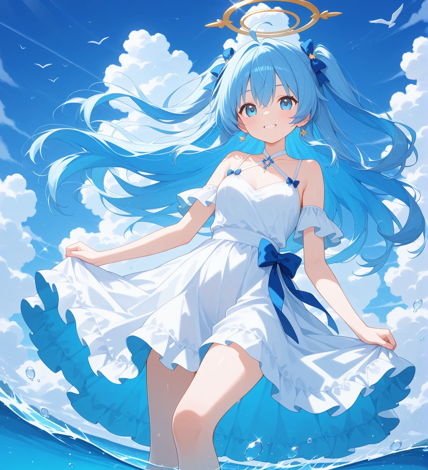 light blue hair,blue eyes,Apricot color,평볌한 human의눈,human,Medieval fantasy dress with a mixture of sky blue and white,Frills decorated at the end of the dress,female,C cup,92.1,bare foot,It always seems like bright, sunny sunshine, but that&#39;s why it quickly gets dark due to murder or something like that.,Meadow Background,dolphin&#39;s tail,whale hat