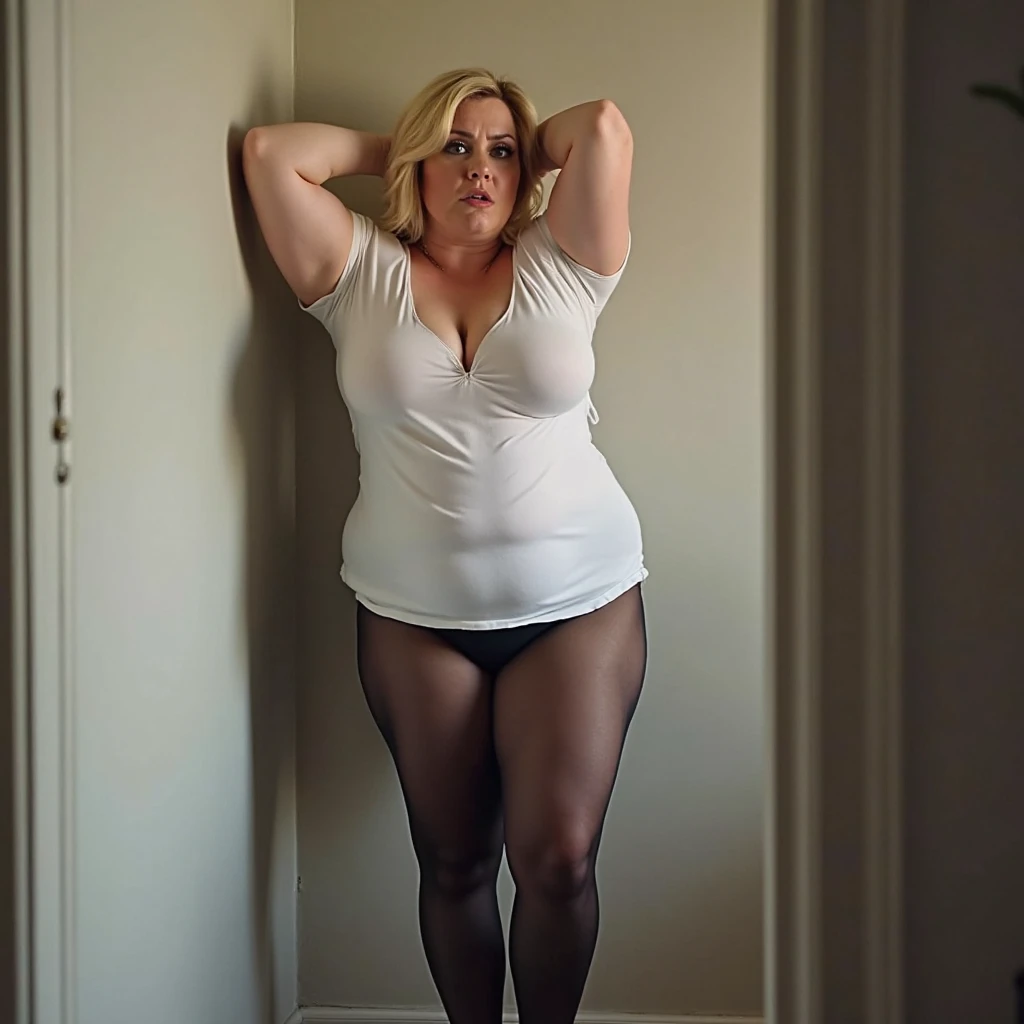 "An elegant 60-year-old lady with large, attractive breasts, long and beautiful hair, wearing an attractive pullover and wearing high heels, displays her legs and beautiful hands and feet while highlighting her beautiful thighs, showing off white panties."