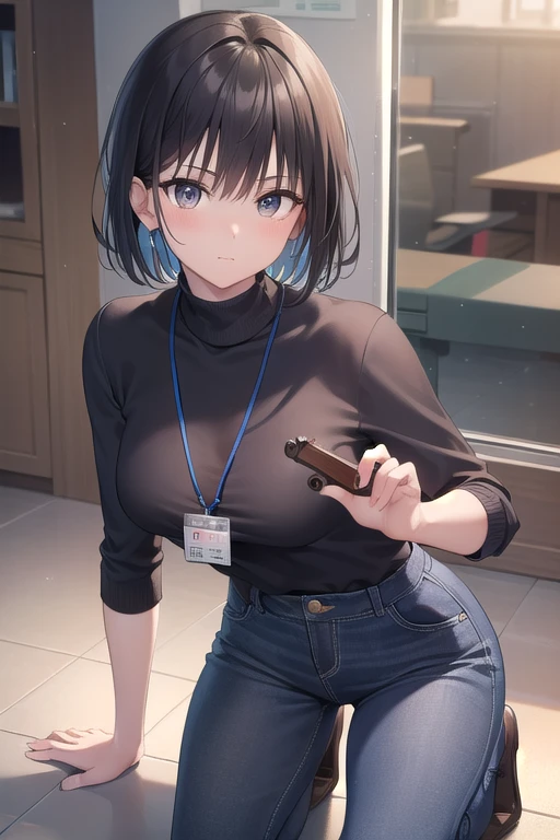 Female Pokémon trainer, embarrassed look on her face, messy short black hair, black pants, shirt, blue jacket, casual shoes, backpack, ID card, age 28, flustered, mature woman, pouting face, tomboy, heavy breasts, mommy milkers