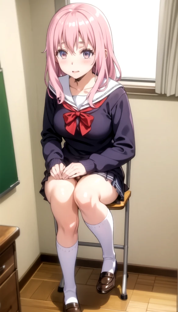 32k, best quality, ultra high res, HDR, UHD, extremely detailed CG unity 32k wallpaper, (cute gal), classroom background, peer in from below, ultra quality hair, pink hair, navy sailor suits, beige cardigan, ultra quality eyes, purple eyes, smile, side ponytail, (showing panties), sit on a chair with your legs spread,