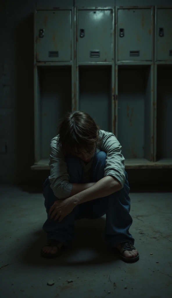 Illustration of a white-skinned man with disheveled hair, wearing torn clothes. He is sitting with his head bowed down, his face hidden in his hands, exuding a deep sense of regret, distress, and extreme sadness. His posture is slumped, and his body language conveys his emotional burden. The background should be somber and dimly lit, with shadows that emphasize his isolation and despair. The overall atmosphere should be melancholic and heavy, capturing the depth of his sorrow and regret.