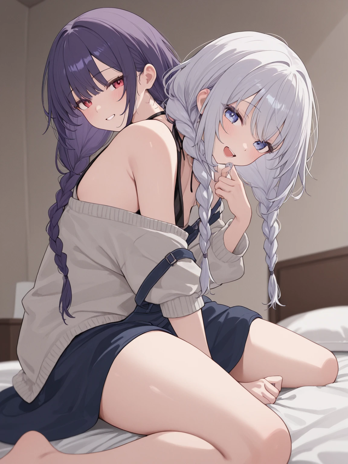 two white haired girls, Yuri, Wear a school swimsuit.. who are lying on top of each other, Leotards 