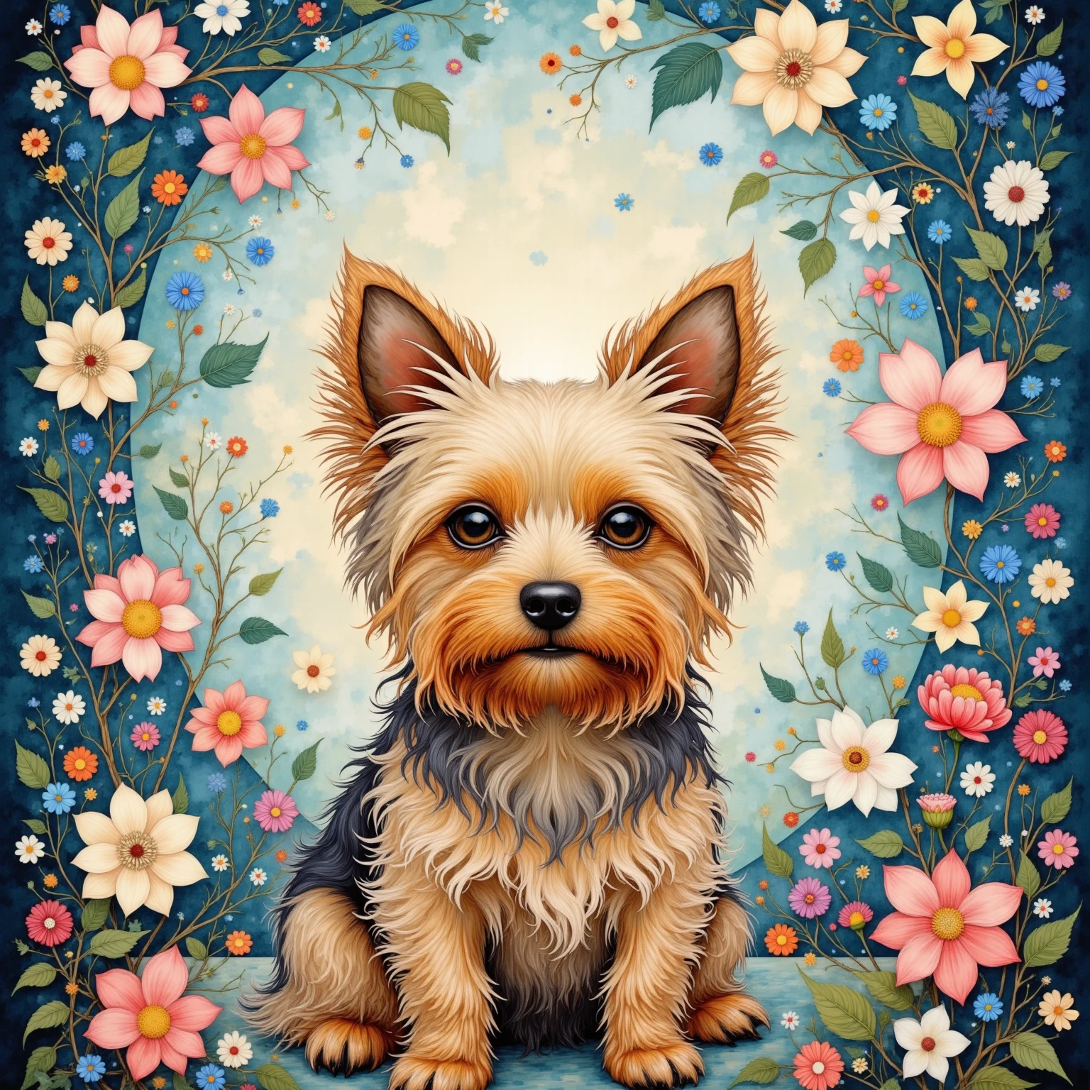 very beautiful fur yorkshire terrier、Sparkling black eyes 、Super small dog、cute、Floral decoration、Peaceful Atmosphere、beautiful digital fantasy art、Vivid Illustration Style、Artistic composition、A fantastic and captivating depiction、Highest Quality、high image quality、masterpiece、8k、after being played in high resolution、absurd、