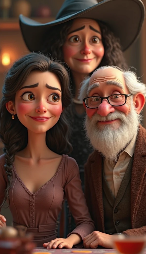 Obra-prima, casal feliz de uns 45 anos, uma mulher linda de cabelo comprido caramelo, vestindo um casaco roxo, Man you dark blue wool cap with, barba e bigode, de casaco preto