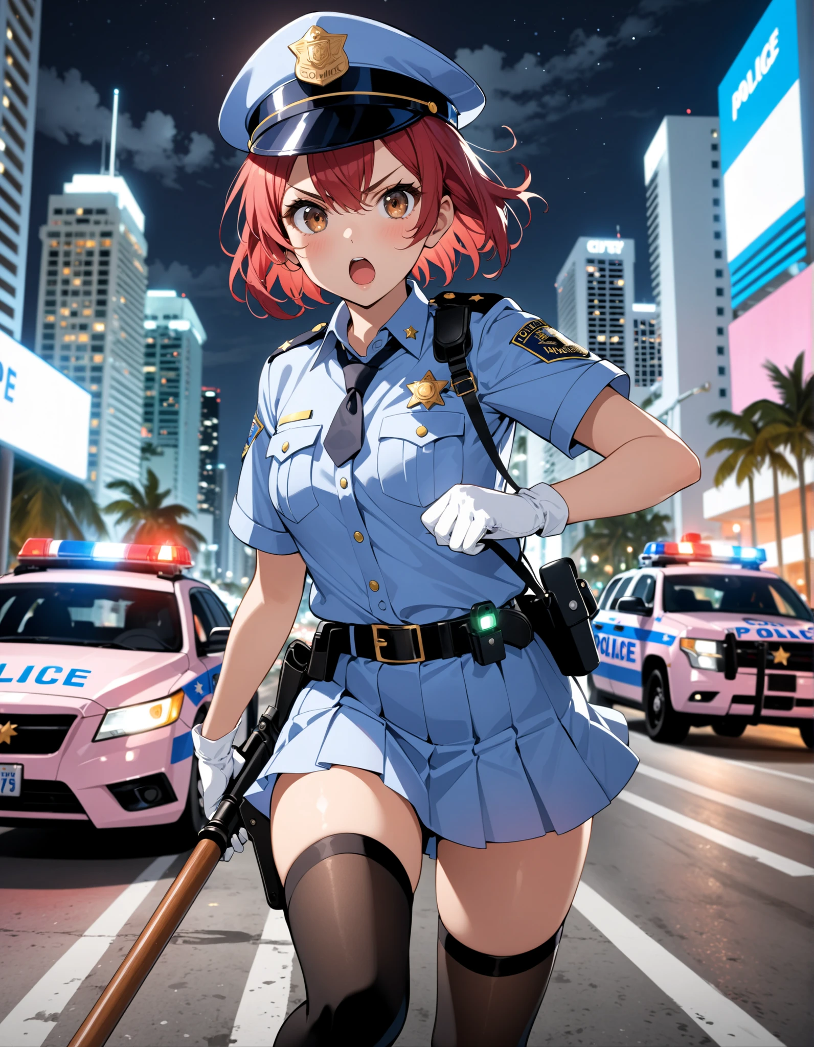 (((maikurobikini))), ((police officers)), ((Straddling a motorcycle)), hair adornments, Red hair, bobhair, The highest image quality, hightquality, high detailing, 超A high resolution, 8K, depth of fields, Cinematography, intricate detailes, Elaborate, meticulous, Magnificent, Maximum Detail, Extreme beauty
