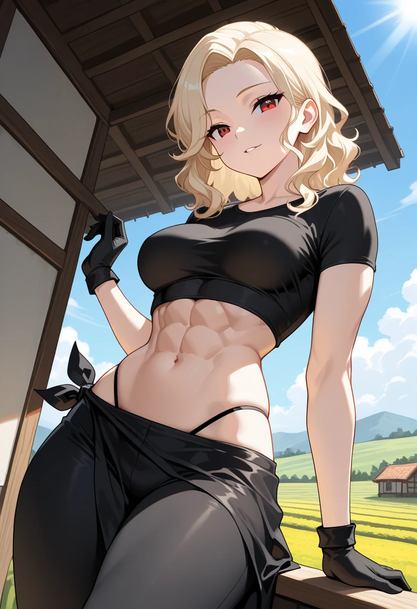 (Masterpiece), Best Quality, expressive eyes, Perfect face, 1 girl, hinata, old, standing, ((Little mom)), Alone, (ABS), short hair, green eyes, ((tsundere)), ((ashamed)), ((shy), looking at the viewer, Perfect eyes, Perfect face, ((hands behind the back)), ((arms down)), cowboy shot, simple background, Gray background, virgin destroyer sweater, belly button, Thighs,