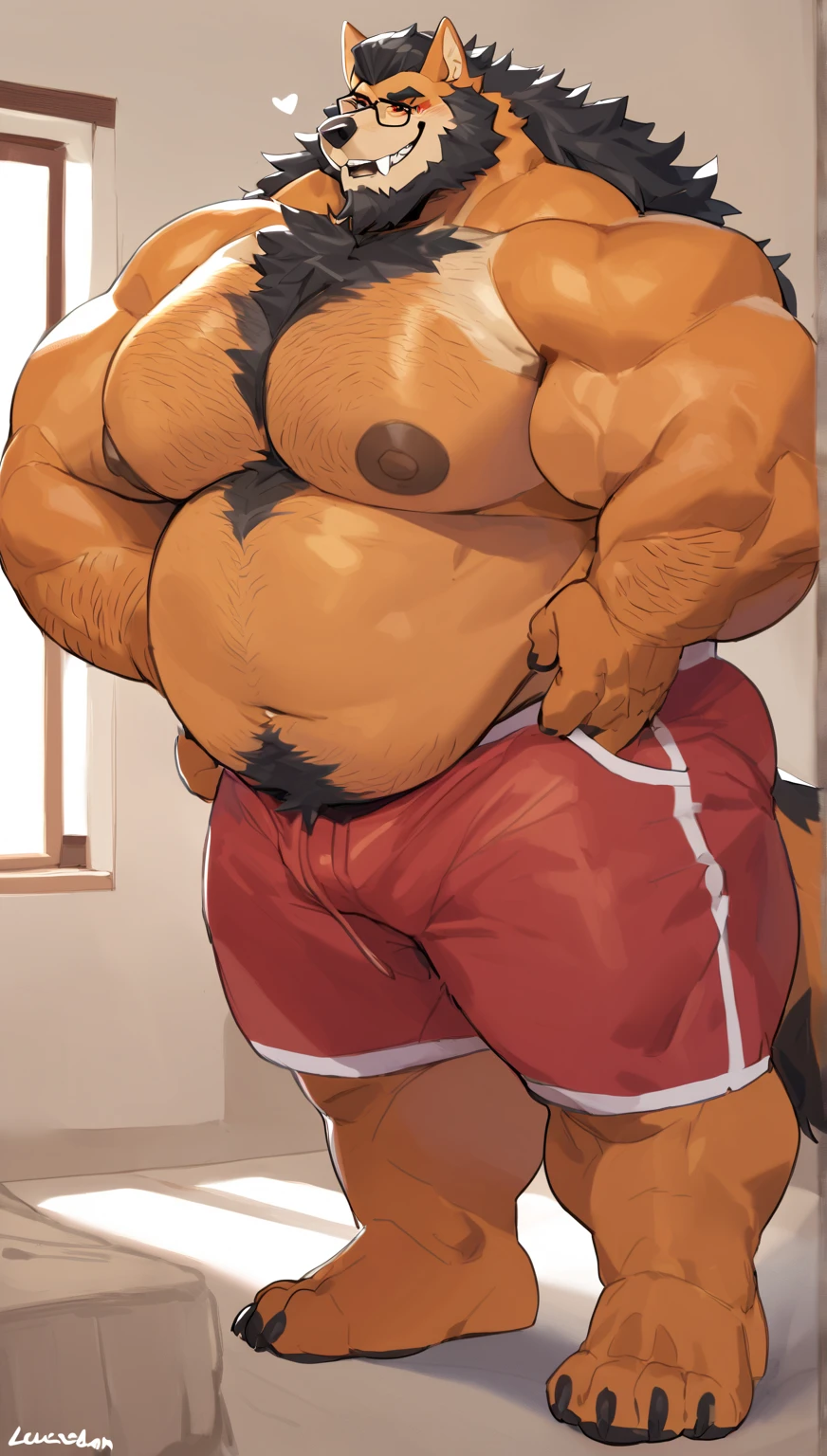 nj5furry,by zixiong, Anthro boar ,Musclechub, slight chubby, thin beard, pubic hair, bulge , black pupil,white Thin fundoshi, extremely detailed bulge, necklace, embarrassed expression:1.1,