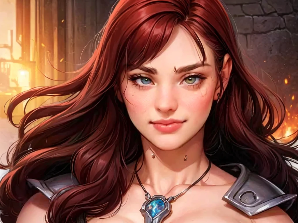 furioso, Barbarian Female Elf, Arte de Fantasia, of his gaze alone enemies beginning to panic, a head, devilish smile, besta do inferno, diabo, White Fire Sky, guerreira, com foice e escudo, lindo, Duendes, Lobisomem, Long red braided hair, olhos dourados brilhantes, realista, altamente detalhados, motor irreal, 8k de luxo