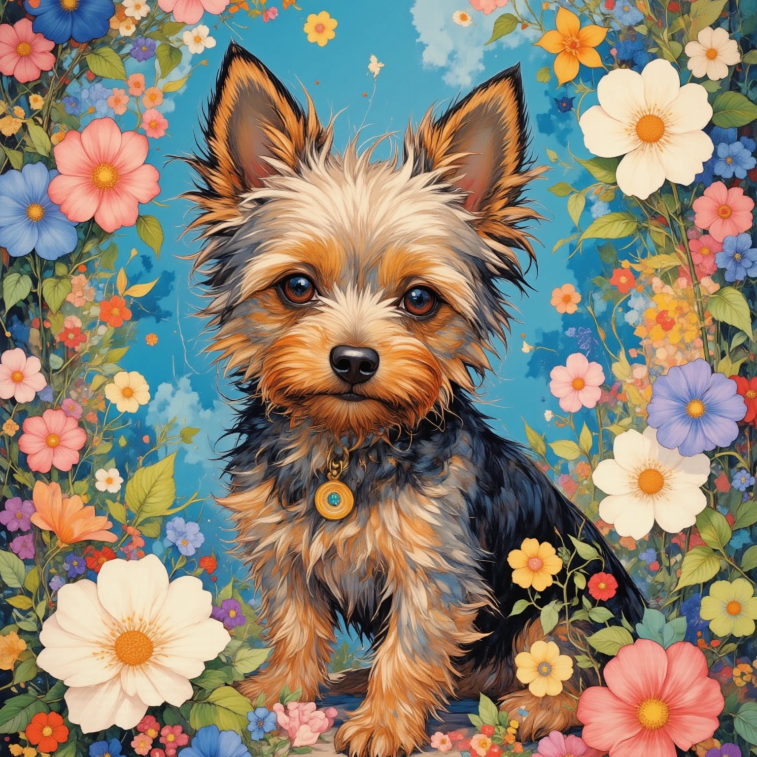 very beautiful fur yorkshire terrier、Sparkling black eyes 、Super small dog、cute、Floral decoration、Peaceful Atmosphere、beautiful digital fantasy art、Vivid Illustration Style、Artistic composition、A fantastic and captivating depiction、Highest Quality、high image quality、masterpiece、8k、after being played in high resolution、absurd、