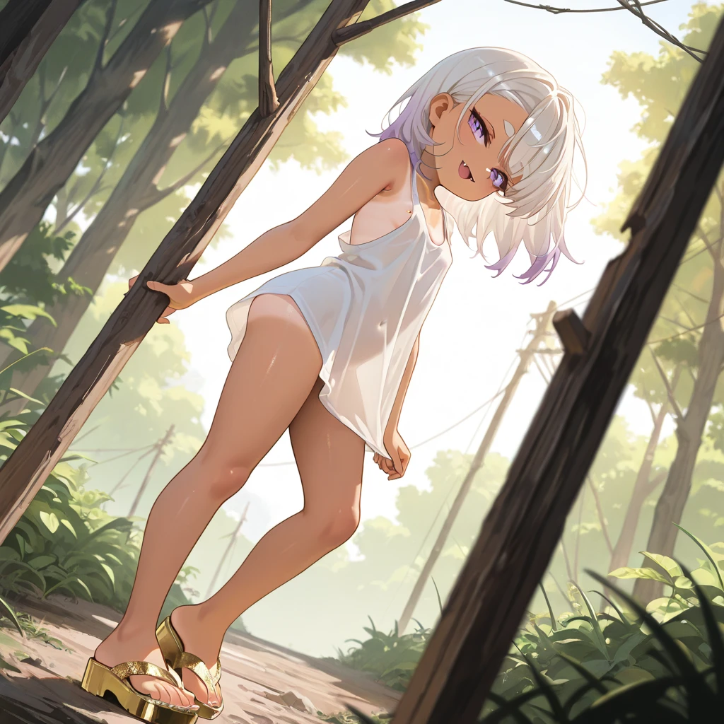 (High definition) (masterpiece) 1 girl, elf, petitr body, cute face, young, slender, perfect waistline, perfect legs, small , full nude, cgreen eyes, medium sized silver hair, smiling, sexy pose, door, full body, cute small feet