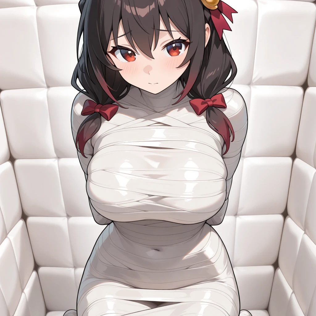 masutepiece, Best Quality, 1girl in, Kujo Sara, (((((close one eye))))), (((winking))), Indoor, ((((coils)))), ((((snake)))), ((((Dark background)))), (Basement), Practical lighting, (candle light), Sweat, ((Zashiki Prison)), ((Dark room)), bird mask, Mask, mask on head, Black hair, Short hair, Yellow eyes, gloves, sox, ((Large breasts)), Sleeveless, Black Gloves, Wide sleeves, Black bodysuit, Ultra Detail, ((((Bondage)))), Ultra Detail, ((Shibari)), blush, (((Painful))), (((Close one eye))), blush, Sveti, angry, Shy, wariza, Sitting on tatami mats, Thighs together,