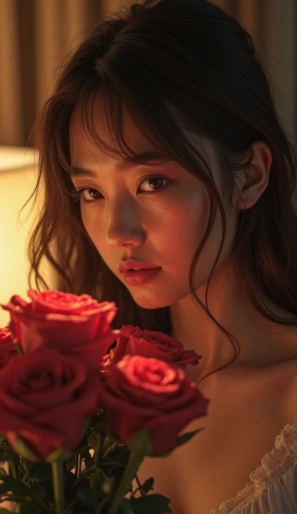 dark theme , (best quality, masterpiece:1.2), 18yo girl in garden, horror face, black cleavage dress, black flowers, (red flowers mess in background:1.3)