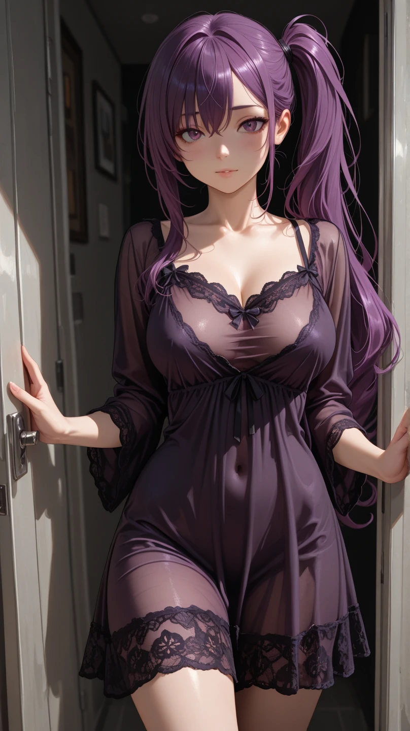 Best Quality,High resolution,8K,finelity detailed background,Masterpiece:1.2),beautiful girl,Shiny purple hair,hair slicked back,Purple Eyes,Gentle look,A refreshing look,smile,Best quality,Best Quality,Aesthetic and aesthetic:1.2,Best details((Super detailed))(High-definition CG illustrations),Upper Body, Black underwear,(black intricate lace),Slender body,night,moon,Bedroom,On the bed,smile,blush,cute,Scrounge,Looking up,Being spoiled,super model,wariza,shoot from,below