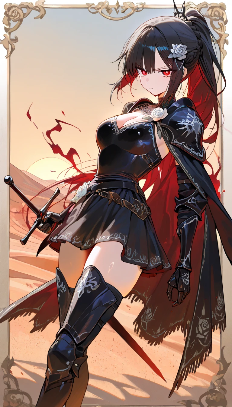 (beautiful girl : 1.3),1 girl,(Black Armor,Black Embroidered Cloak,White rose hair accessory,thigh,boots),black hair,ponytail,braids,anger, abusive,has a sword, desert,runs,Red and black aura from a sword,active,dynamic angle,masterpiece,Highest Quality,Rich Contrast,high image quality,8k,High Definition CG Unit Wallpaper,texture,unbelievably absurd, RAW photos ,deep border 1 .2,very detailed