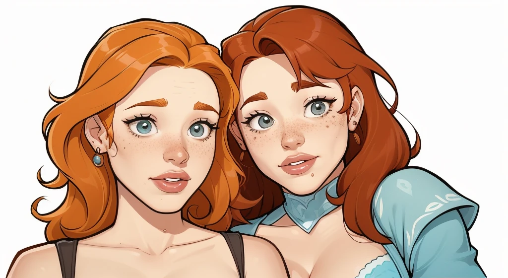 Beautiful portrait mode pose Cartoon character character in dynamic pose two women together redhead Queen Anna of Arendelle redhead with 1,60cm on the left and along with a symmetrical body with corset and beautiful breasts, corpo bem definido, delicado e sensual, estilo de desenho animado, digital illustration Portrait mode 