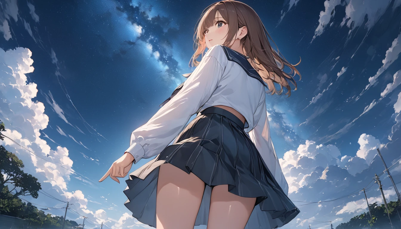 in 8K, top-quality, Real Image, intricate detailes, The ultra-detailliert, 超A high resolution, Depth Field,(Photorealsitic,realisitic:1.2),masterpiece, 0.25 :: a closeup , straight-on shot , from miiddle , 1girl in, AI_chan, Very beautiful girl, Innocent big eyes, (brown_Short_hair), (Green_Eyes:1.0),(bangss),dishevled hair,(hair clips), perfect glossy skin, flawless skin, fair white skin, huge-breasted, cleavage of the breast, big breasts thin waist, thin blush, 独奏, looking at the viewers, lightsmile, The Perfect Five Fingers, chubby under the clothes、perspiring、 Wear((School_uniform)、(white_Skirt)、(Blue_long_tie)、(Blue_pleats_Skirt)、(Black_pantyhose:1.2)、 (Gravure Pose:1.1)、 Sunset High School in Japan ,Flipping up the skirt with your hands、Show white panties、Pull up your skirt and show your panties、Colossal tits、Functional、Show blue panties、Flip the skirt、Skirt flipping、Roll up your skirt with your hands、Show underwear、Show off your pants with your own hands、Panchira、bare-legged、Opening legs、Open legs、bare-legged、Large open legs、Panties digging into the crotch