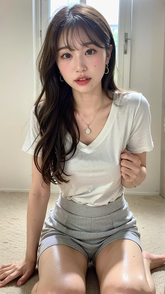 Pretty age woman, 20 years old, black hair, brown eyes, white pale skin, ordinary casual clothes, cell phone photo filter, simple makeup, Inside the bedroom, selfie, corner of mouth smile, real woman, focus on face, close up.