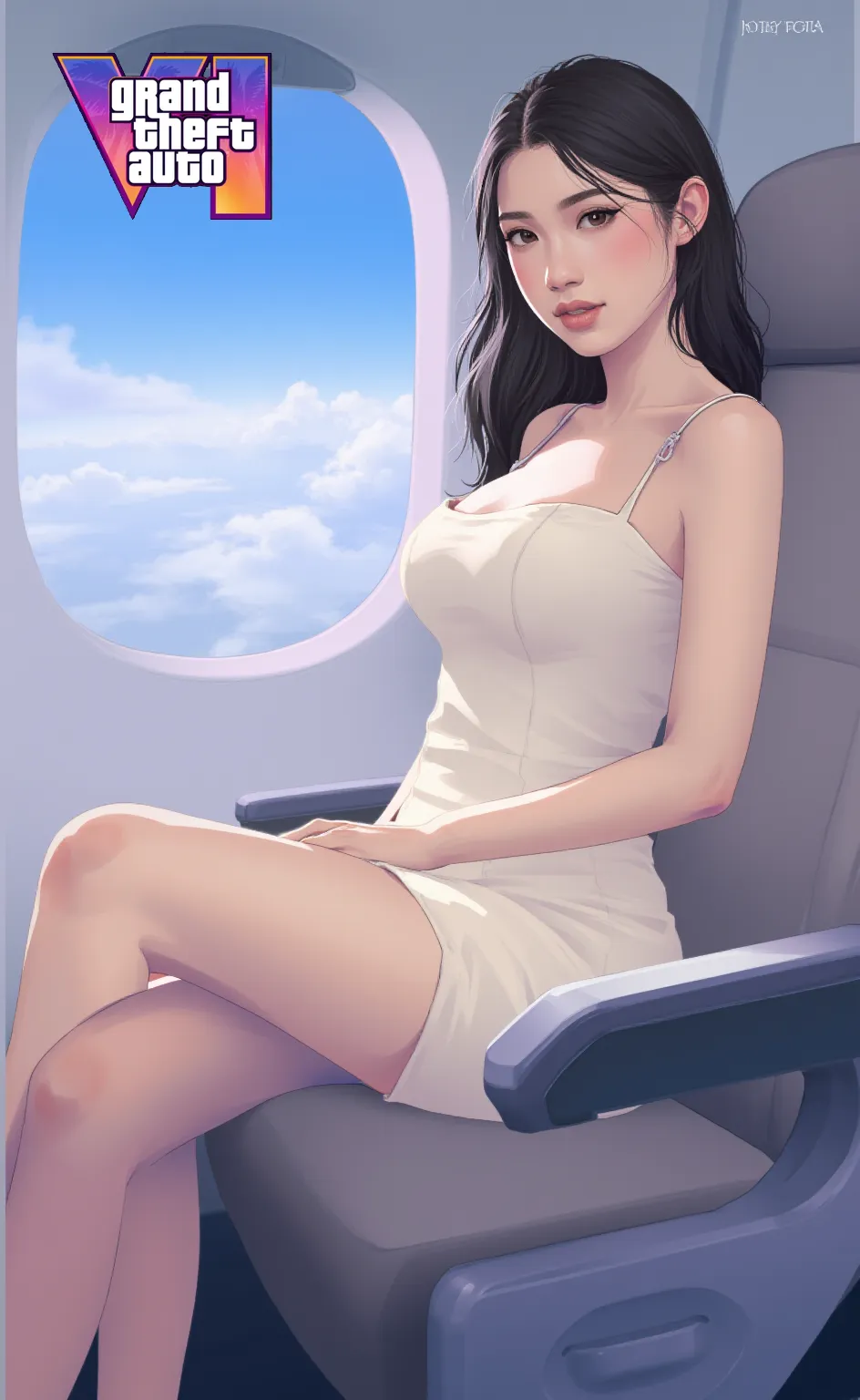 girl,Mercy,long ponytail brown hair,hair ornaments,he tall,sexy,super big breast,(P cup),age 17,stewardress on the plane,full body, mercy stewardress outfit,happy detailed face,in the plane,sexy pose standing on the plane,
