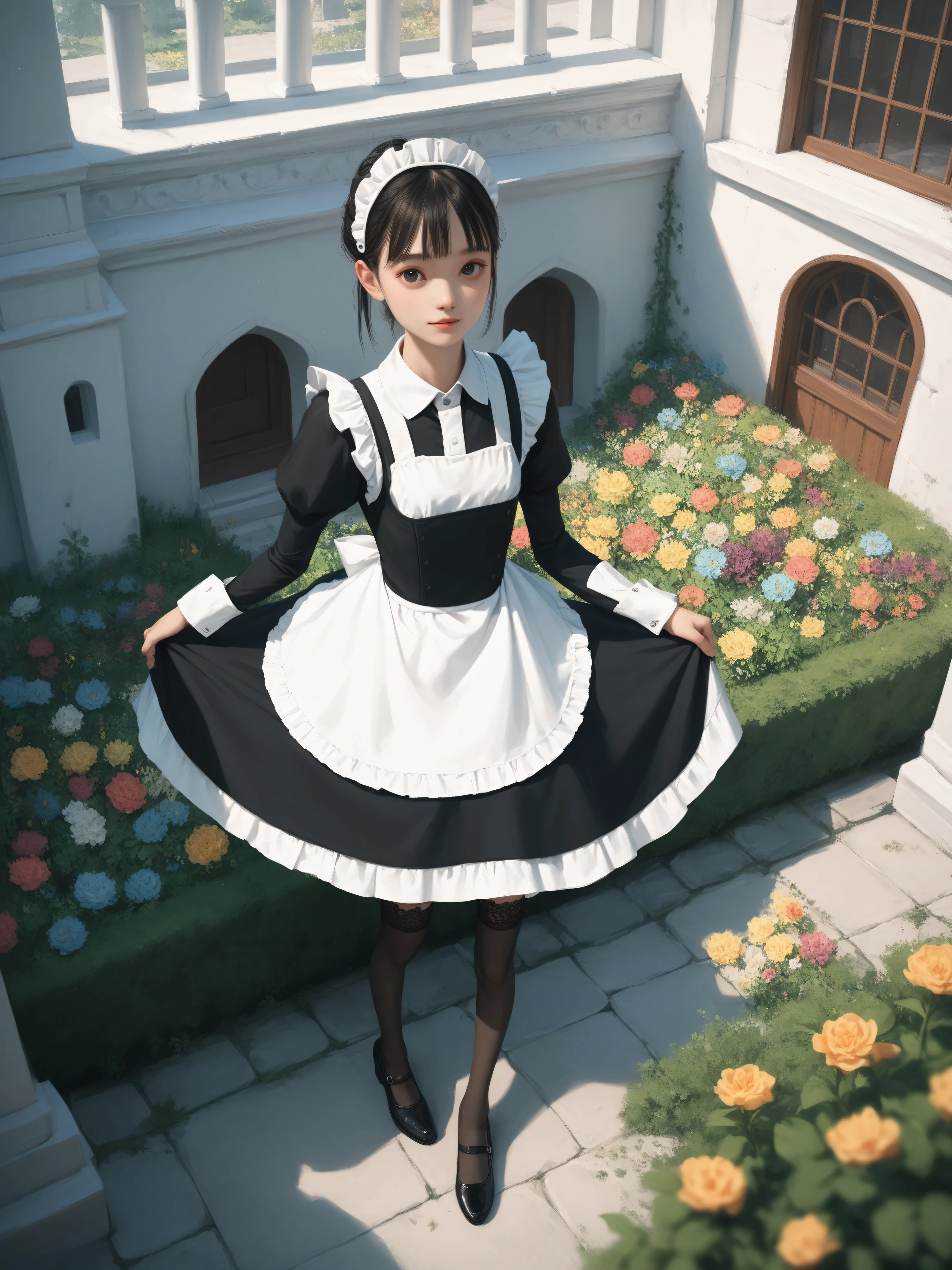 1 girl、maid,look at viewers,(skinny:1.3),(younger:0.8),from above,前かがみ,They are watering flowers outside the mansion,Japanese,(smile:0.5),black lace stockings