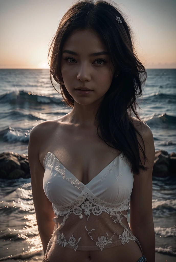 (best quality, masterpiece), 1girl, lingerie, big breqst, samurai, particle, wind, looking at viewer, fox ear, monsters in background, backlighting, upper body, pose