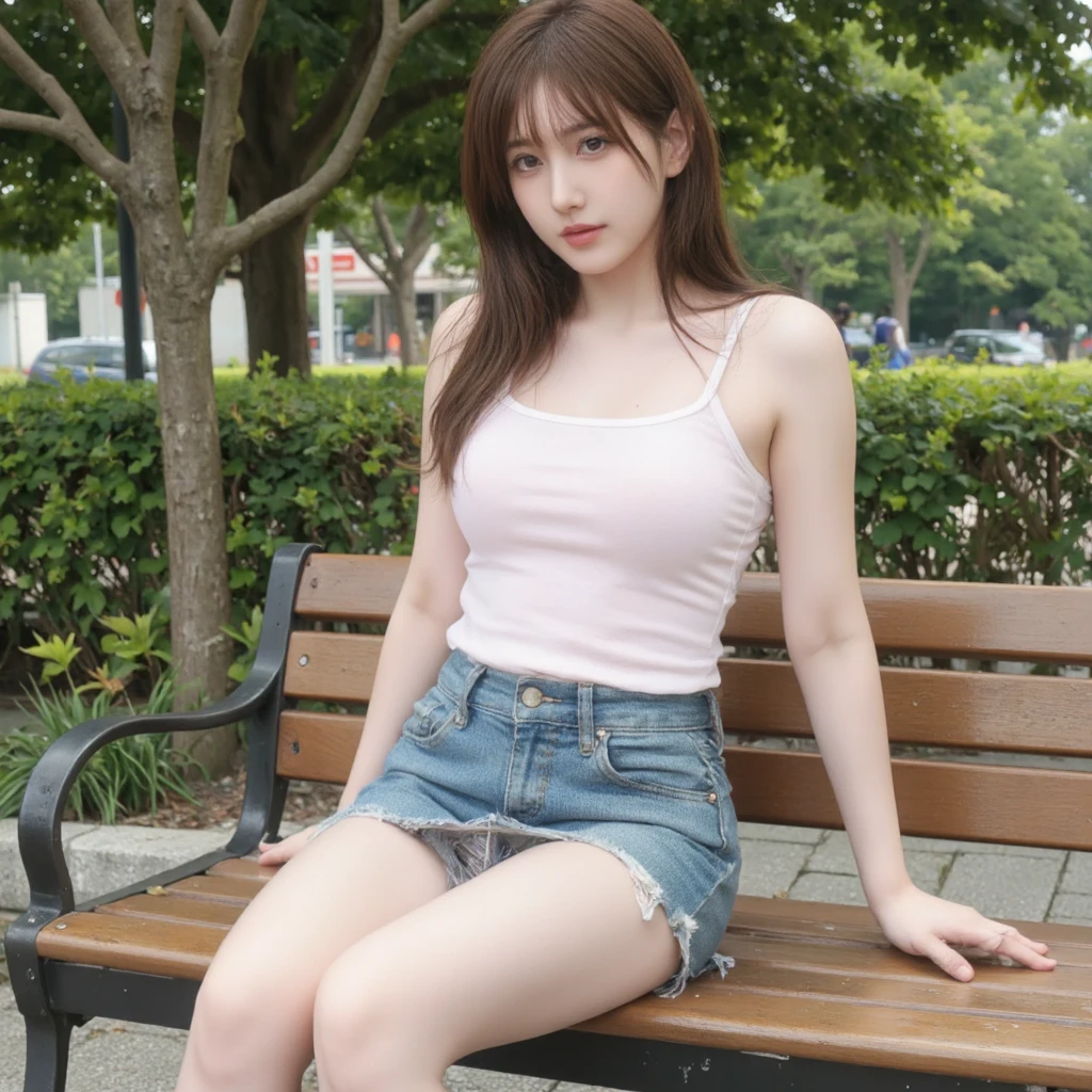 (top-quality、16K resolution) 1 girl、solo、natural soft light、Looking at the camera、sexy tanktop、Concrete background、Facing the front、is walking、long hair、Woman in her late teens、Light bangs、short-hair、Salon model、Natural look、portlate、floated hair、Rolled hair, sexy blue jean, pink shoes, background forest,big breast , full body, sexy legs