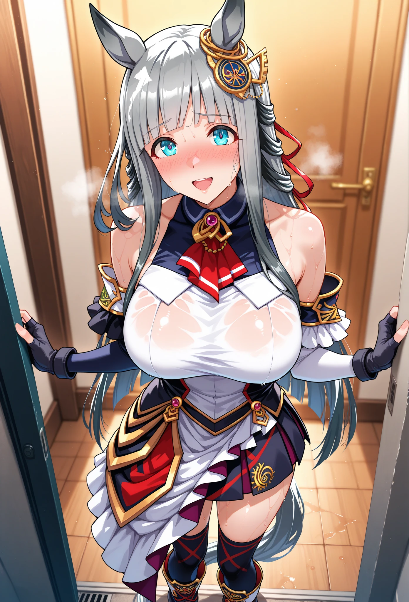 Cowboy Shot, 12yo 1girl, Young face, big breasts, Ragnarokarch, long hair, white hair, blue eyes, (sexy pose:1.5), crown, (good elevator:1.5), (Shy:1.3), Masterpiece, High quality, best quality, beautiful, HD, perfect light, detailed face, fine texture, Masterpiece, best quality, complicated details, 8k uHD, perfect face, perfect eyes 