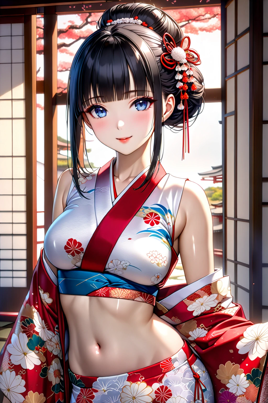 ((in the mountains of japan:1))、((on a tree))、sexy female crow tengu、Japanese traditional UMA tengu, sexy japanese monk costume, Sexy brown skin, Nice sexy body、tanned healthy sexy skin、One lady、Red hair ornament、((Black Japanese style sexy costume:1))、with the crow