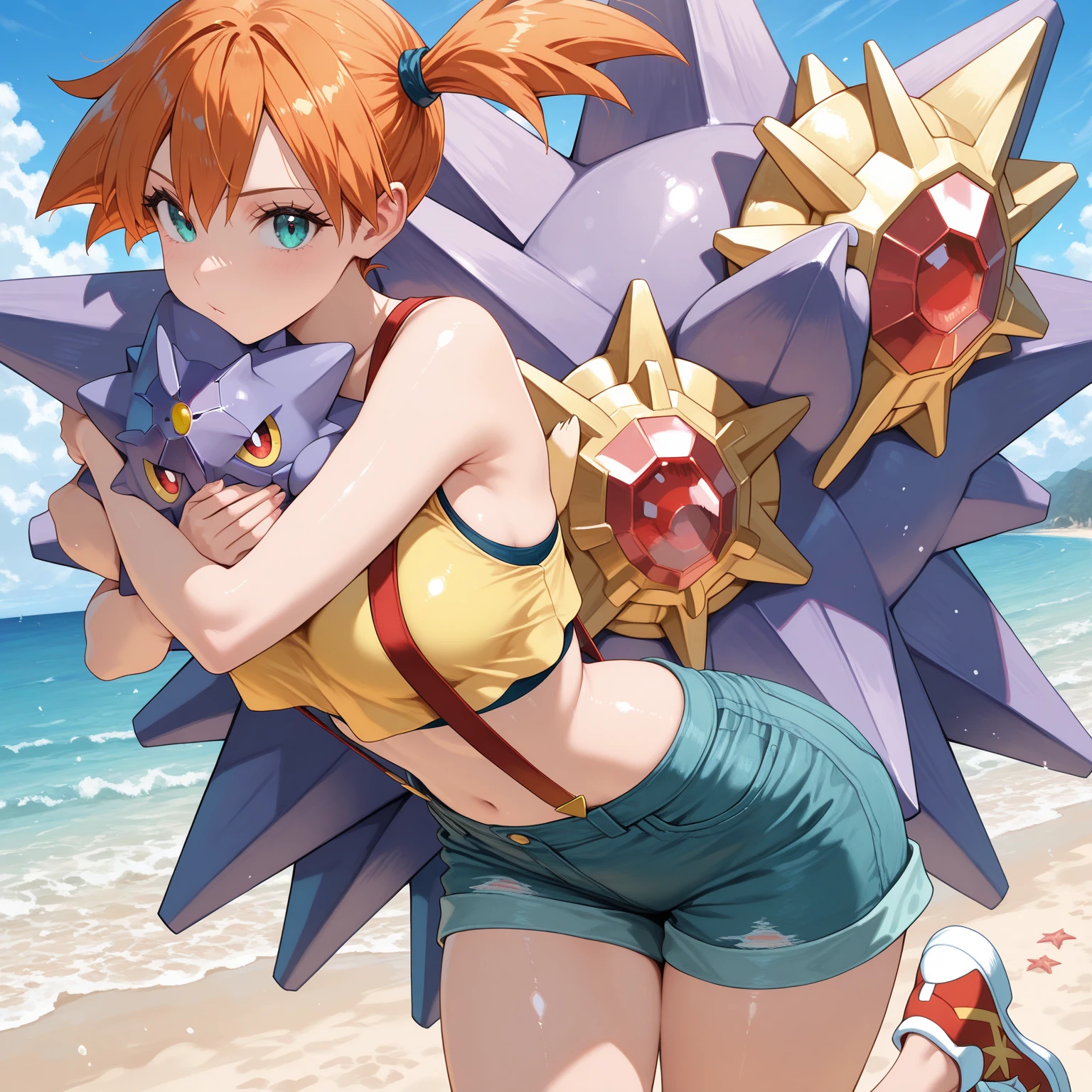 1girl, Misty_Pokemon, side ponytail, orange hair, ((bikini, standing, crossed arms, thighs focus, smug, in a river)), curvy figure, overlooking city, blush, day 

BREAK 

(((Masterpiece))), ((Highly detailed character)), ((perfect eyes)), ((perfect face)), ((best quality)), ((perfect hands)), high resolution, highly detailed image, thick thighs

 BREAK

 Beautiful background, volumetric lighting,