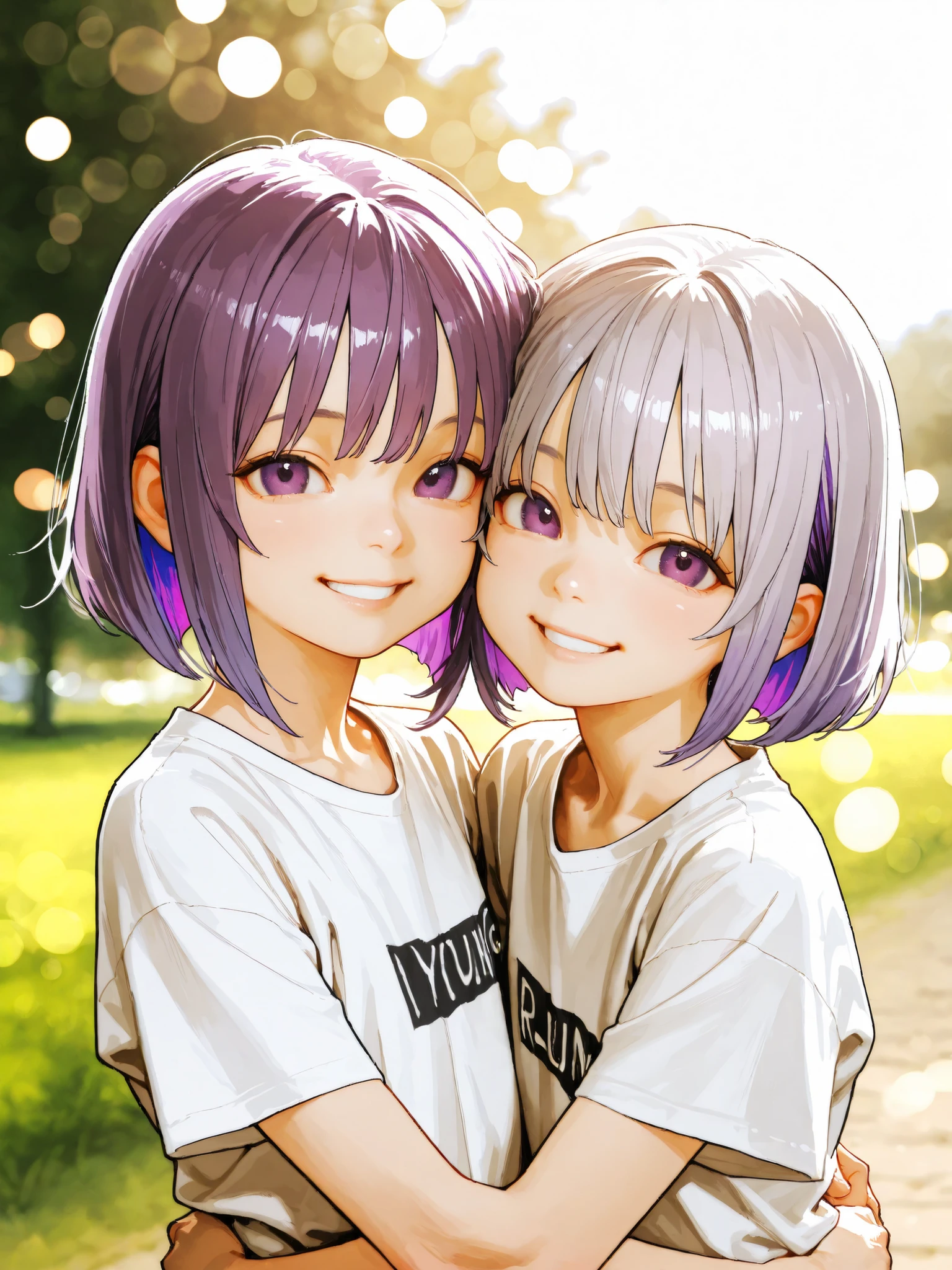 short girl, Sisters Girls,is young, flat chested,realisticな外観, big purple eyes, short bob、Two-tone purple hair and gray hair、plain t-shirt with extended collar、hug each other、 has a bright smile、Outdoors、細部にこだわったrealisticな影、movie stills, real、Highest Quality, realistic, 4K Rendering, ultra-fine texture, professional , bright color, Bokeh