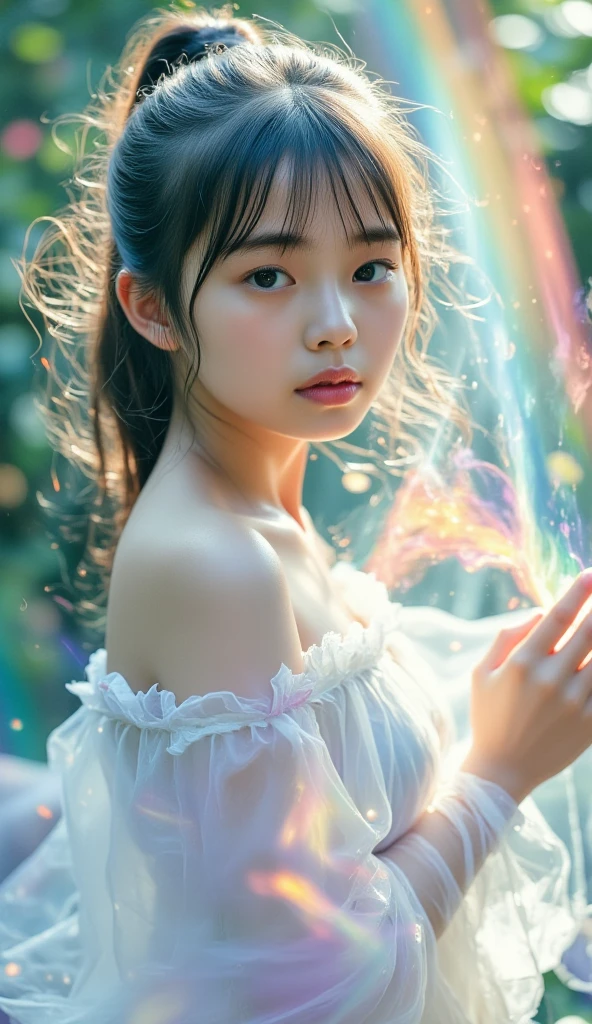 (highest quality, 32k, High resolution, masterpiece:1.5,), Haunting fantasy portrait in abstract style, ((In a swirl of fantastic sepia tones and soft light)), Evoking a sense of soothing tranquility and elusive beauty, Award-winning masterpiece with amazing details, beautiful japanese woman, perfect human anatomy, High resolutionの美しい太もも, big magical eyes, fleeting smile, ((shiny black hair)), Beautifully arranged straight, silky long hair, Beautiful asymmetrical bangs, hair between eyes, smooth and soft skin, thin eyebrows, clear double eyelids, pale pink lips, ((Black silk dress, off shoulder, The absolute realm of miniskirts)), High resolution perfect clavicle, Beautiful chest in high resolution, Slender body with plump breasts, ((Colorful glowing bubble effect:1.4)), gentle sunlight, professional lighting, professional photographer, Professional models,mysterious