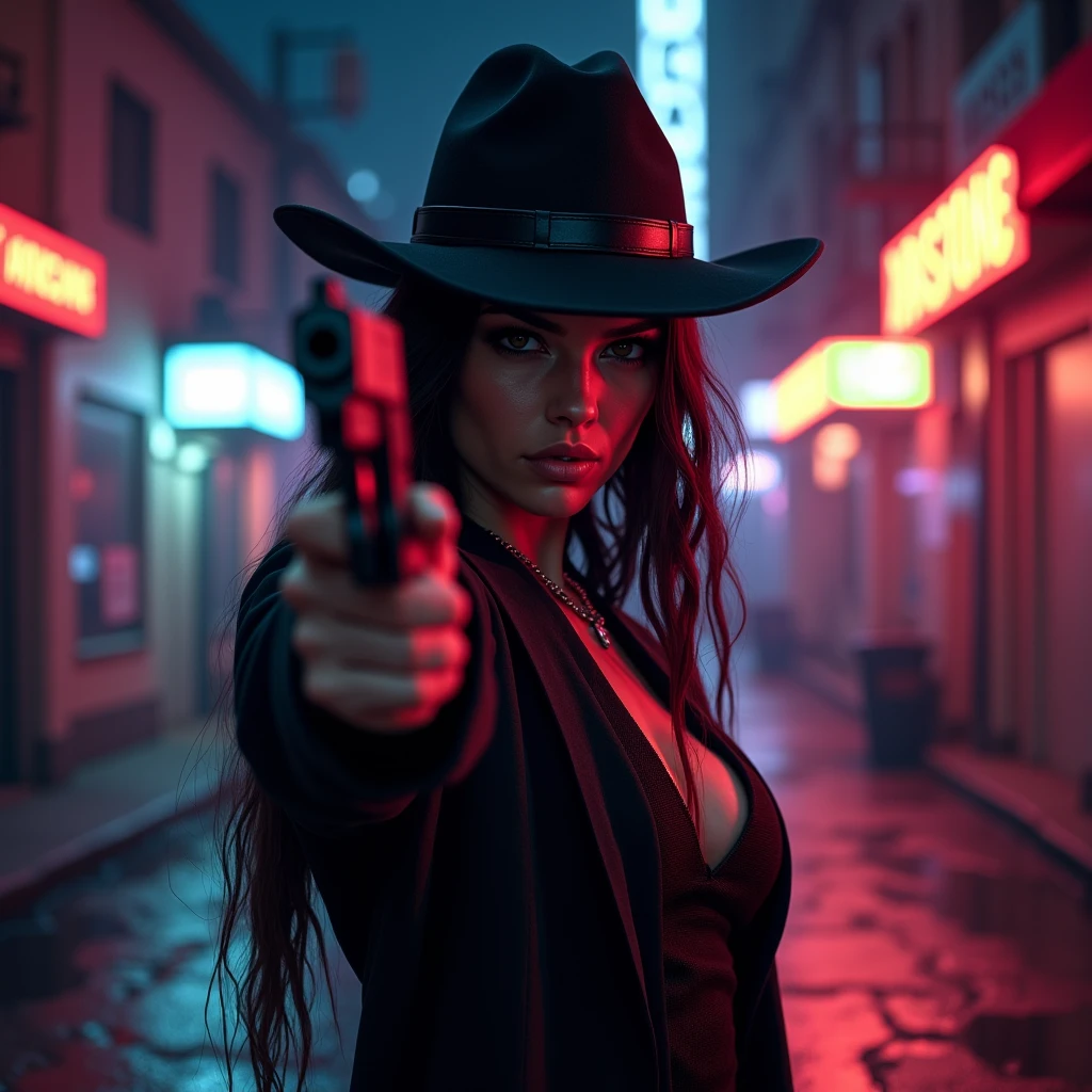 1girl, glowing, neon, coat, hat, fishnets, corset, cleavage, thighs, gun, dirty alley, garbage, smoke, 1940, detective noir,