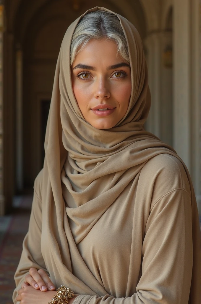 Taking a picture of someone, A girl from , 1.45 meters tall, gentle face with European features, plain face, wearing a hijab, Very beautiful, wearing a long-sleeved robe 