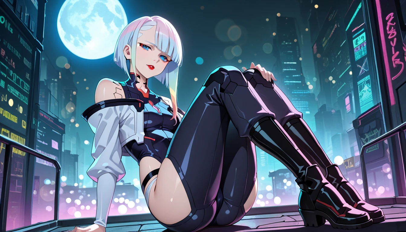 A dynamic series of paintings depicting a silver-haired, blue-eyed warrior girl., 8K, 超High resolution, Super detailed, High resolution,(Well designed face), Great face, (Very detailed), Beautiful Eyes, Soft lighting,, Outdoor, street,, URUSHISATO,1980s,, Beautiful fine details,Machinery Parts, Asymmetrical Hair,Thigh-high socks, Latex suit,Cleavage,