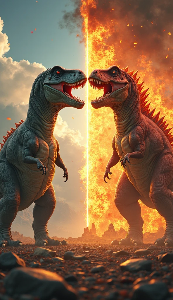 2 dianasour is fighting at night with fire