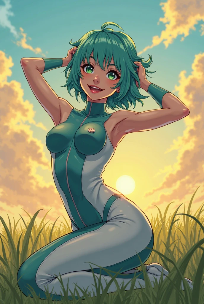 jenny wakeman, boots, white skin, gigantic breasts, breast expansion, smiling, looking at viewer, one arm waving and one arm behind back, green meadow, various flowers, orange sky, setting sun, dreamlike lighting, waving grass, distant hills, cel shading, anime, 1girl, miniskirt, tank top stretching