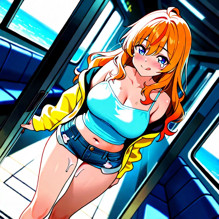 (best quality,4k,highres:1.2),detailed depiction of a girl's face and body,obese man's detailed face and body,extremely detailed facial features of both,detailed depiction of a metro station,realistic lighting and shadows,urban atmosphere,vibrant colors,photorealistic style,soft natural lighting,beautiful girl,expressive eyes,intense emotions,strong physical connection between the girl and the man,misty, 1girl, breasts, looking_at_viewer, short_hair, closed_mouth, bangs, navel, hair_between_eyes, bare_shoulders, sitting, green_eyes, full_body, lying, sleeveless, midriff, orange_hair, side_ponytail, crop_top, looking_to_the_side, eyelashes, bare_legs, sleeveless_shirt, leaning_forward, arm_support, suspenders, tank_top, denim_shorts, yellow_shirt, hair_tie, green_shorts, suspender_shorts, yellow_tank_top, body shape, small breast, chubby thighs, thick thighs, immersive surroundings,attention to textures and materials,reflection of the metro station's architecture,glimpses of passing trains,compelling composition,complexions in warm tones,foggy atmosphere,intimate atmosphere,dynamic perspective,subtle details in clothing,subtle hints of movements,realistic proportions and anatomy,rich and vibrant color palette,attractive lighting contrasts,engaging narrative,meticulous attention to character expression and body language,convincing depth and dimension,poignant moments captured,unique and captivating storytelling,energetic urban vibe,precise portrayal of characters,exceptional image quality.