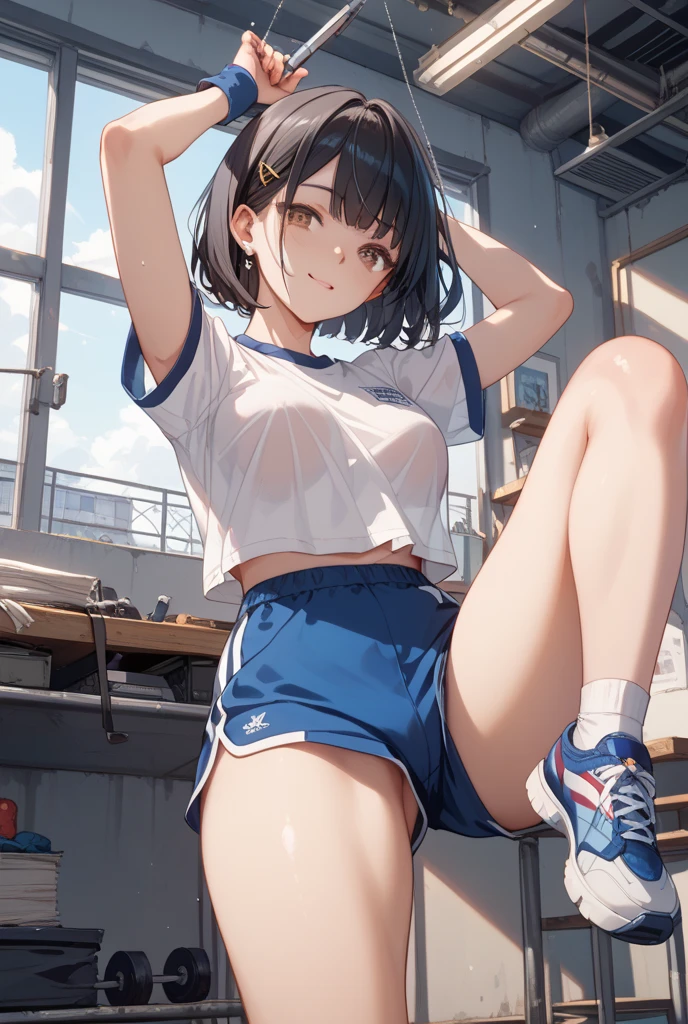 1girl, 独奏, White polo shirt, White sneakers, tennis wear, White briefs,tmasterpiece, Best quality at best, Sit down and spread your legs,realisticlying, ultra - detailed, (shiny skins, perspired:1.4), absurderes, looking at viewert, with short black hair, with brown eye,slenderness,Dynamic light and shadow,A high resolution,Sharp focus,depth of fields,The eyes are delicate,Sharp pupils,pupil realistic,(smallunderboob:1.6),(Thigh thick:1.0),exteriors,Skysky --auto