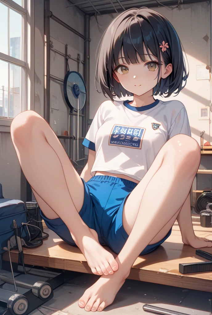 score_9, score_8_up, score_7_up, source_anime, best quality, masterpiece, official art, absurdres, highres, ultra-detailed,waifu2x,JAV Cover,break,1girl, tomboy, idol girl, gym uniform, very short hair, pixie cut, small breasts, slender, beautiful detailed eyes,  expressionless, sweat, sleepily,  sexual appeal, gym storeroom, mat, indoors, break,(clear line illustration:1.2), super detailed skin, shiny skin, very high resolution, very aesthetic, Best sexual lighting powered by famous artist, 4k, 8k, 16k, cute picture, beauty illustration,photoshop_(medium),,(Detailed Lighting),best anime 8k konachan wallpaper, pixiv contest winner, 